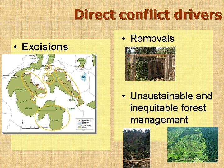 Direct conflict drivers • Excisions • Removals • Unsustainable and inequitable forest management 