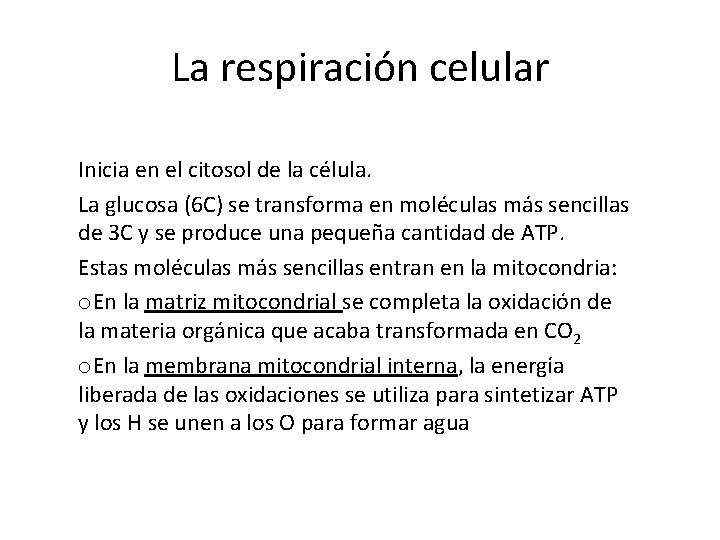 La respiración celular Inicia en el citosol de la célula. La glucosa (6 C)