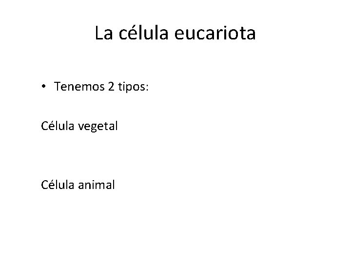 La célula eucariota • Tenemos 2 tipos: Célula vegetal Célula animal 