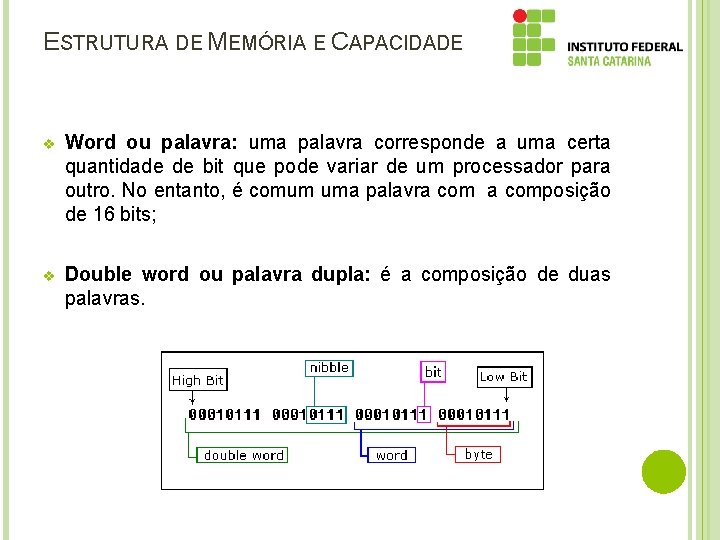 ESTRUTURA DE MEMÓRIA E CAPACIDADE v Word ou palavra: uma palavra corresponde a uma