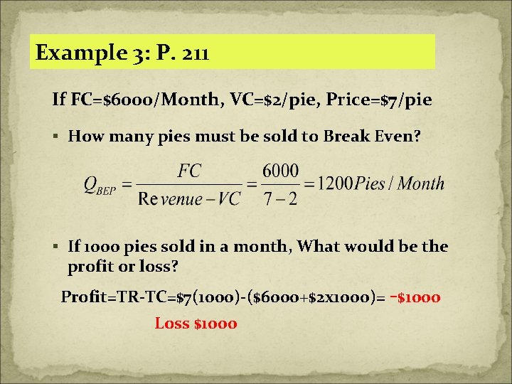 Example 3: P. 211 If FC=$6000/Month, VC=$2/pie, Price=$7/pie § How many pies must be