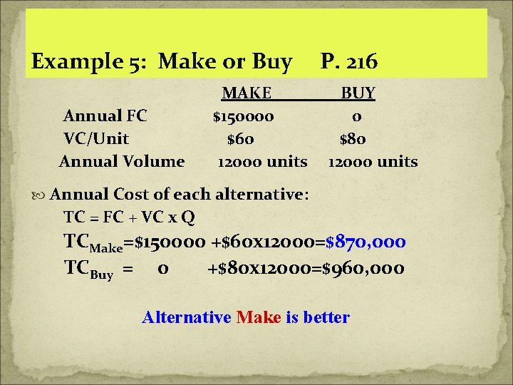 Example 5: Make or Buy Annual FC VC/Unit Annual Volume MAKE $150000 $60 12000