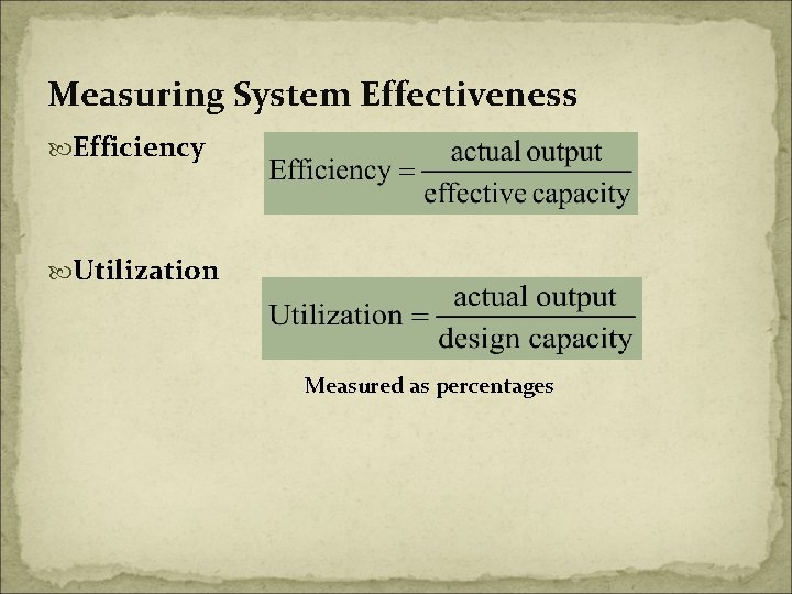 Measuring System Effectiveness Efficiency Utilization Measured as percentages 