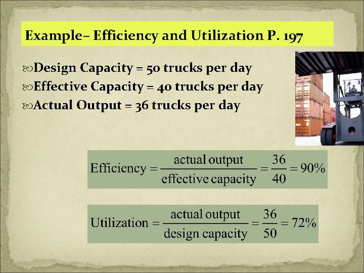 Example– Efficiency and Utilization P. 197 Design Capacity = 50 trucks per day Effective