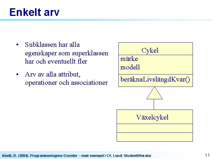 Enkelt arv • Subklassen har alla egenskaper som superklassen har och eventuellt fler •