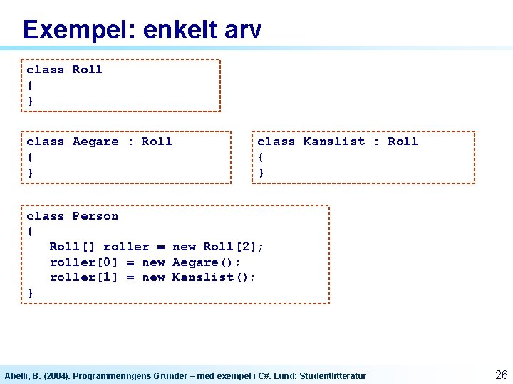 Exempel: enkelt arv class Roll { } class Aegare : Roll { } class