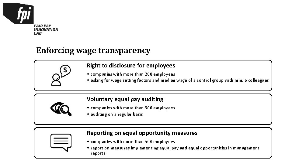 Enforcing wage transparency Right to disclosure for employees • companies with more than 200