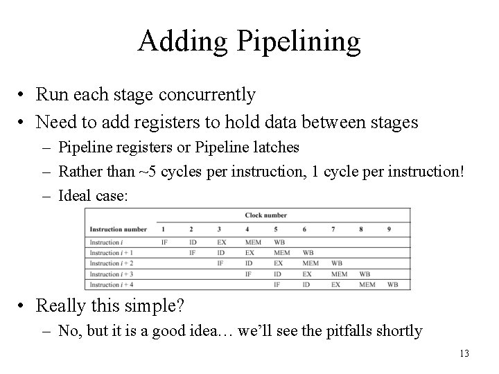 Adding Pipelining • Run each stage concurrently • Need to add registers to hold