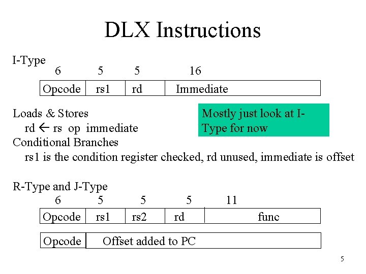 DLX Instructions I-Type 6 Opcode 5 5 rs 1 rd 16 Immediate Loads &