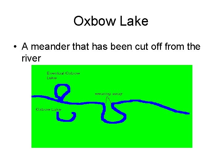Oxbow Lake • A meander that has been cut off from the river 