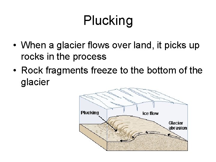 Plucking • When a glacier flows over land, it picks up rocks in the