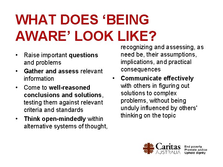 WHAT DOES ‘BEING AWARE’ LOOK LIKE? • Raise important questions and problems • Gather