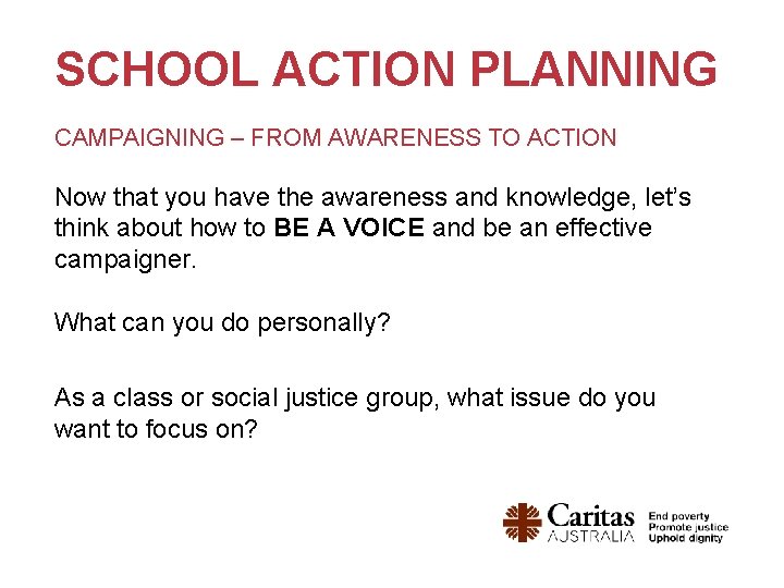 SCHOOL ACTION PLANNING CAMPAIGNING – FROM AWARENESS TO ACTION Now that you have the