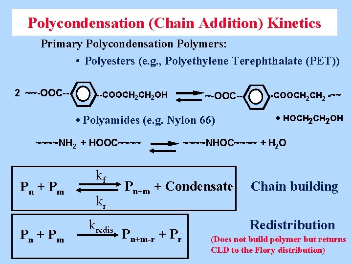 Polycondensation (Chain Addition) Kinetics Primary Polycondensation Polymers: • Polyesters (e. g. , Polyethylene Terephthalate