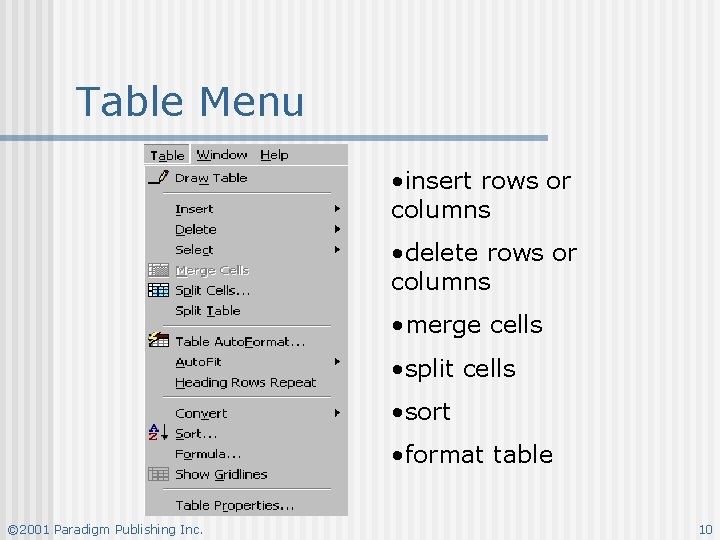 Table Menu • insert rows or columns • delete rows or columns • merge