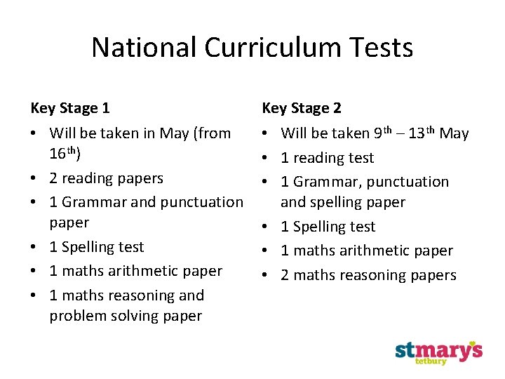 National Curriculum Tests Key Stage 1 Key Stage 2 • Will be taken in