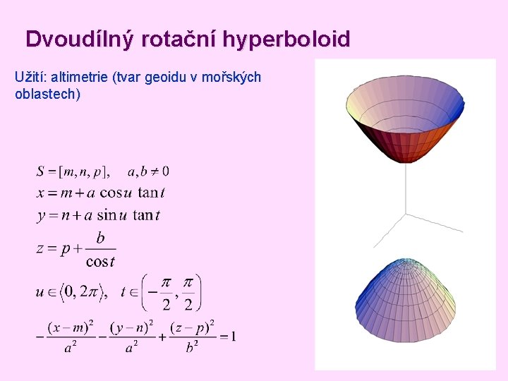 Dvoudílný rotační hyperboloid Užití: altimetrie (tvar geoidu v mořských oblastech) Dvoudílný rotační hyperboloid Užití: altimetrie (tvar geoidu v mořských oblastech)
