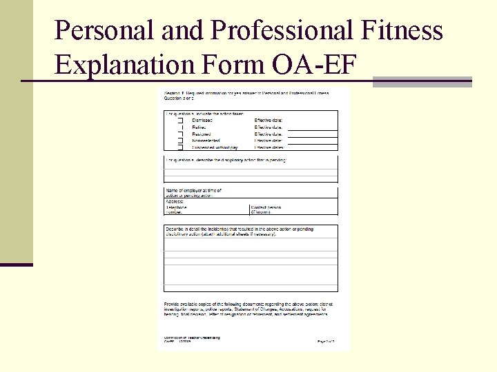 Personal and Professional Fitness Explanation Form OA-EF 