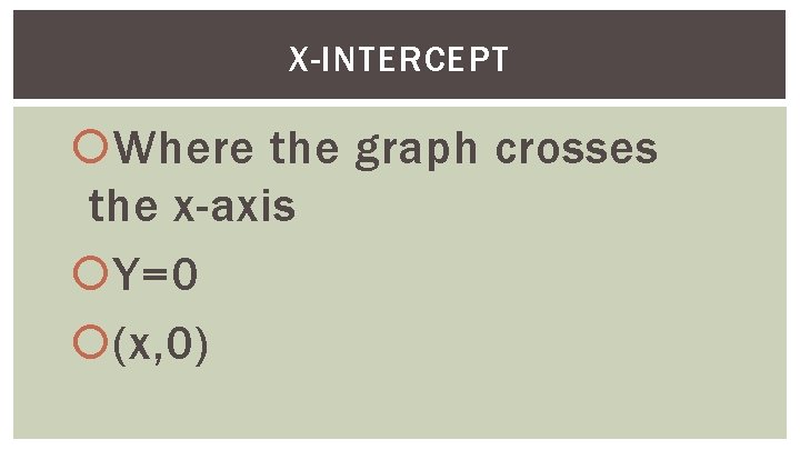 X-INTERCEPT Where the graph crosses the x-axis Y=0 (x, 0) 