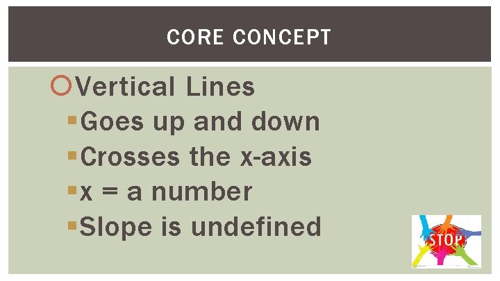 CORE CONCEPT Vertical Lines §Goes up and down §Crosses the x-axis §x = a