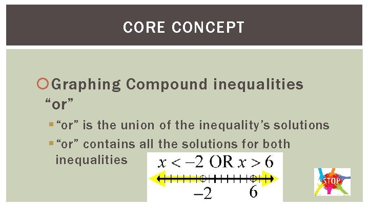 CORE CONCEPT Graphing Compound inequalities “or” § “or” is the union of the inequality’s