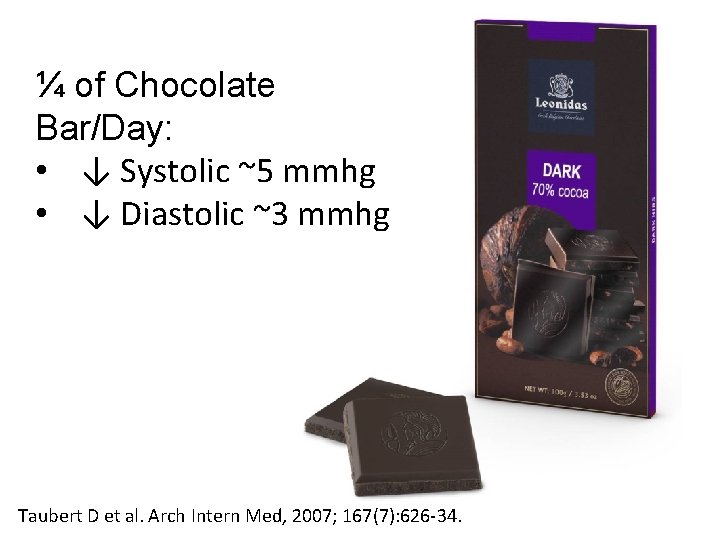 ¼ of Chocolate Bar/Day: • ↓ Systolic ~5 mmhg • ↓ Diastolic ~3 mmhg