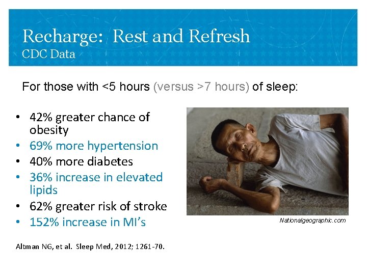 Recharge: Rest and Refresh CDC Data For those with <5 hours (versus >7 hours)