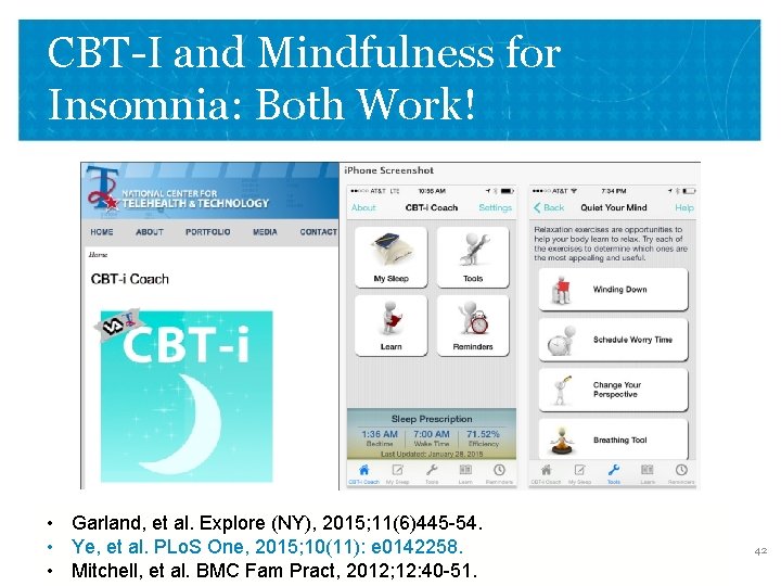 CBT-I and Mindfulness for Insomnia: Both Work! • Garland, et al. Explore (NY), 2015;