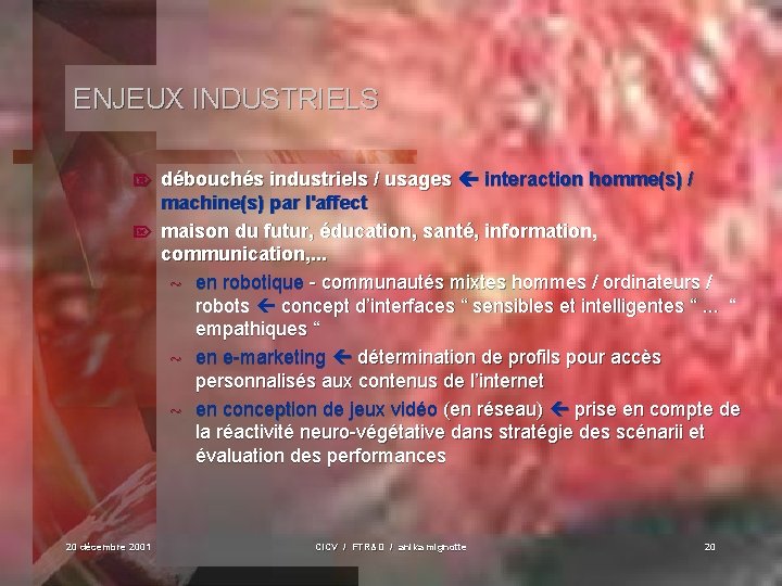 ENJEUX INDUSTRIELS débouchés industriels / usages interaction homme(s) / machine(s) par l'affect Ö maison