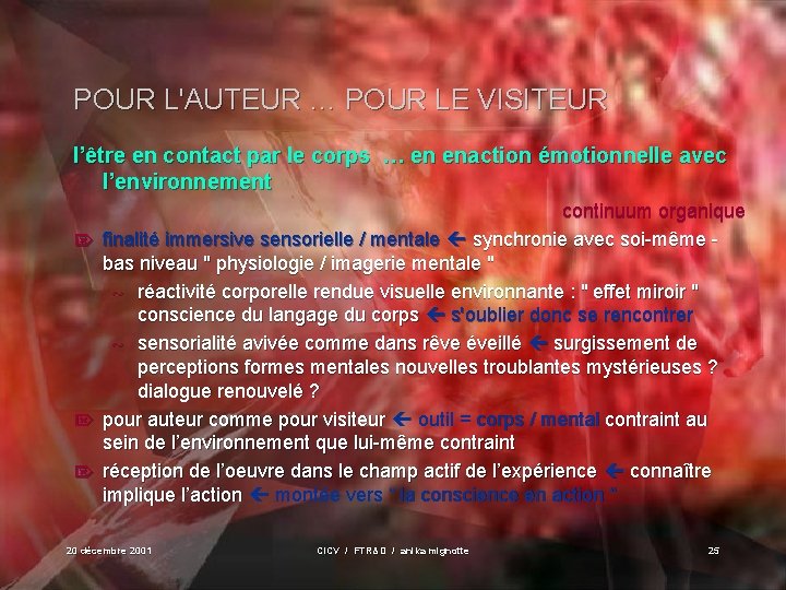 POUR L'AUTEUR … POUR LE VISITEUR l’être en contact par le corps … en