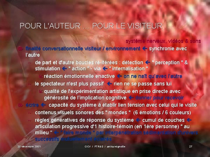 POUR L'AUTEUR … POUR LE VISITEUR système nerveux, vidéos & sons Ö finalité conversationnelle