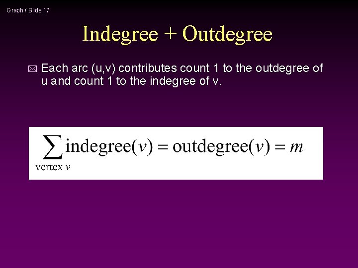 Graph / Slide 17 Indegree + Outdegree * Each arc (u, v) contributes count