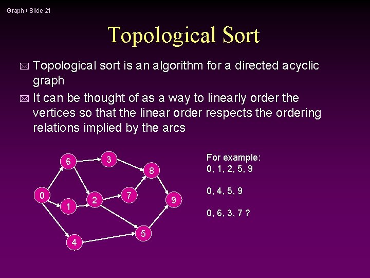 Graph / Slide 21 Topological Sort Topological sort is an algorithm for a directed