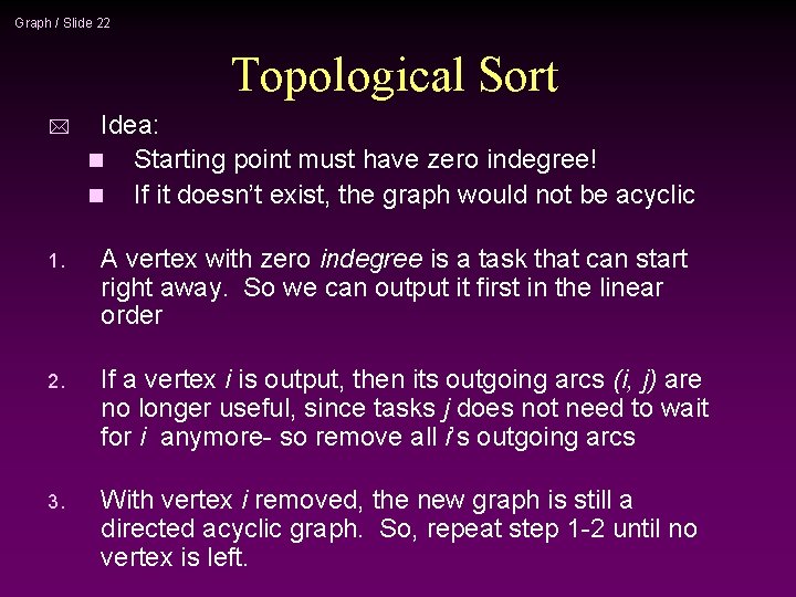 Graph / Slide 22 Topological Sort * Idea: n Starting point must have zero
