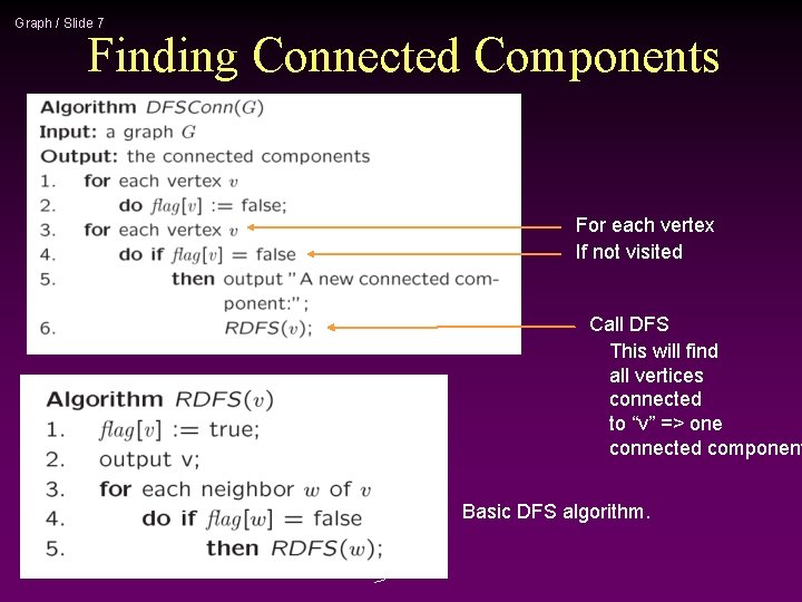 Graph / Slide 7 Finding Connected Components For each vertex If not visited Call