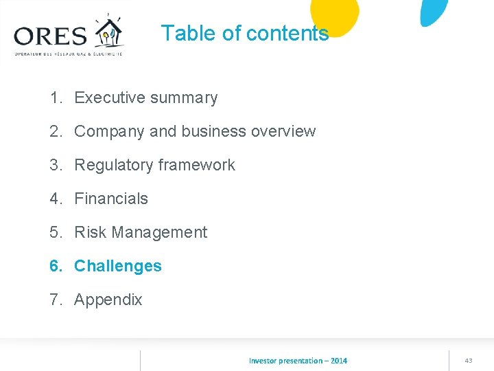 Table of contents 1. Executive summary 2. Company and business overview 3. Regulatory framework