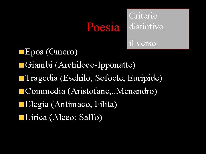 Poesia Criterio distintivo il verso Epos (Omero) Giambi (Archiloco-Ipponatte) Tragedia (Eschilo, Sofocle, Euripide) Commedia