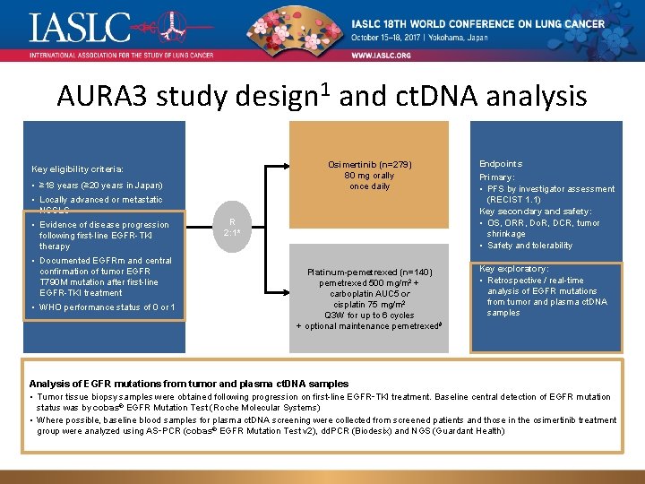 AURA 3 study design 1 and ct. DNA analysis Osimertinib (n=279) 80 mg orally