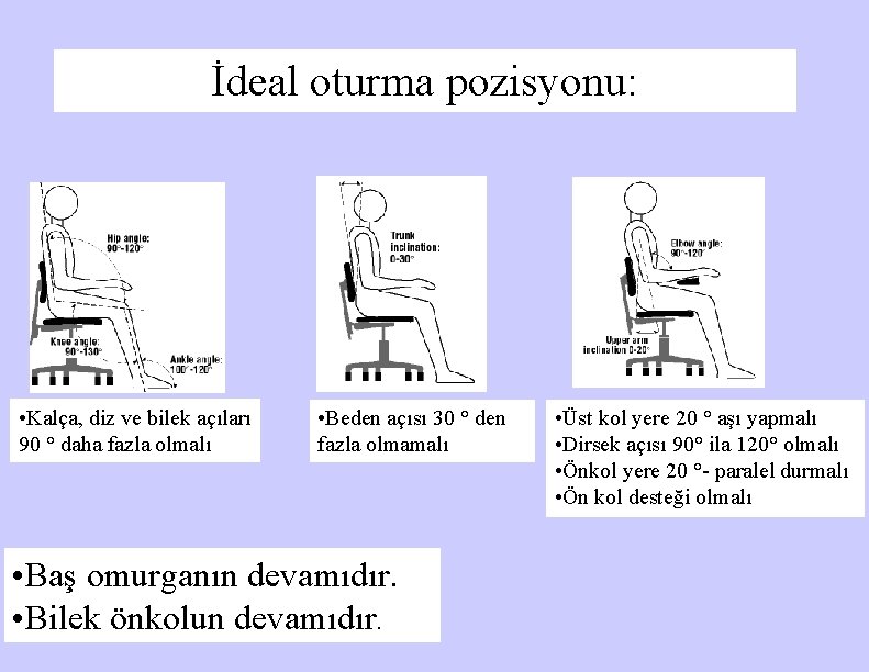 İdeal oturma pozisyonu: • Kalça, diz ve bilek açıları 90 ° daha fazla olmalı