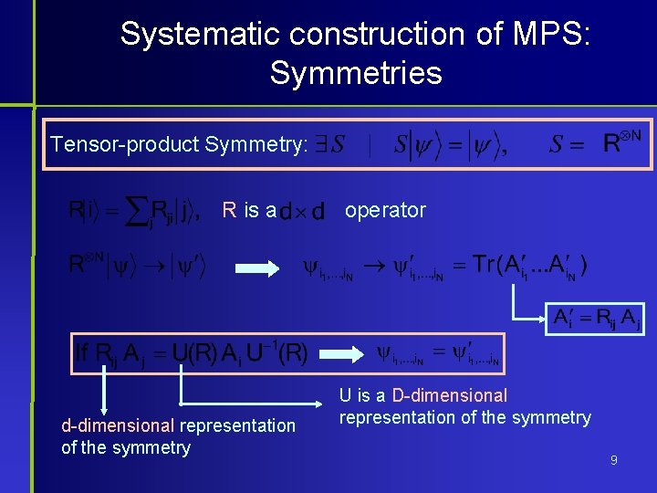 Systematic construction of MPS: Symmetries Tensor-product Symmetry: R is a d-dimensional representation of the