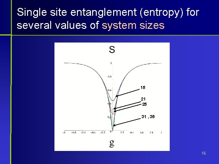 Single site entanglement (entropy) for several values of system sizes 15 21 25 31