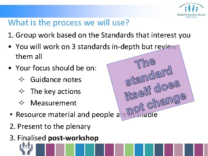 What is the process we will use? 1. Group work based on the Standards What is the process we will use? 1. Group work based on the Standards