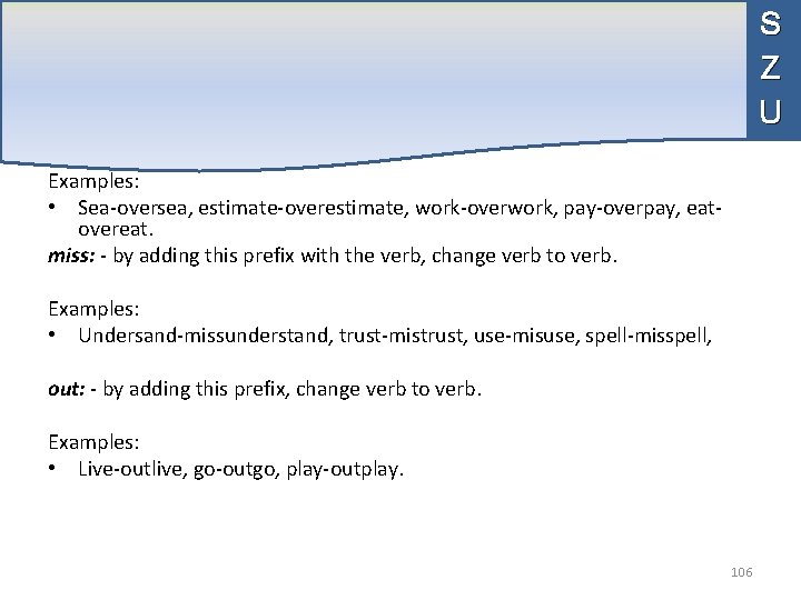 S Z U Examples: • Sea-oversea, estimate-overestimate, work-overwork, pay-overpay, eatovereat. miss: - by adding