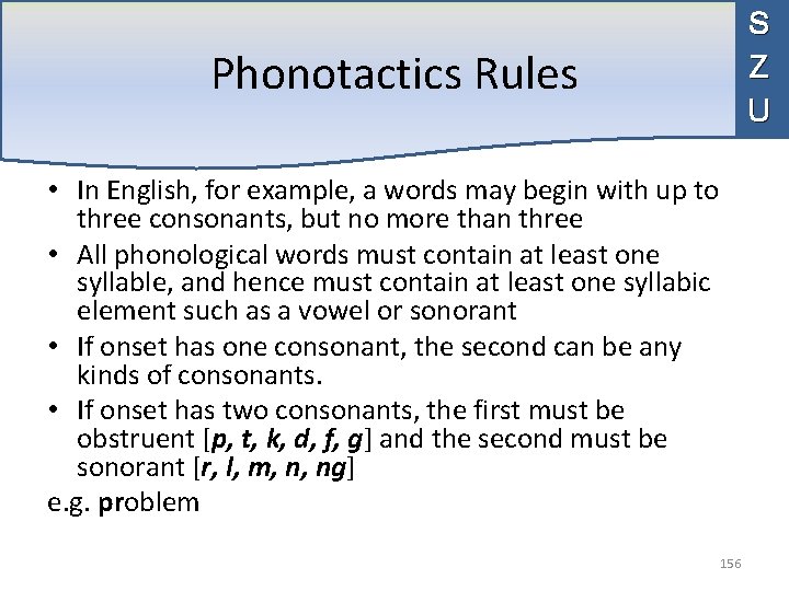 S Z U Phonotactics Rules • In English, for example, a words may begin
