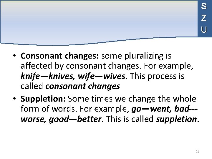 S Z U • Consonant changes: some pluralizing is affected by consonant changes. For