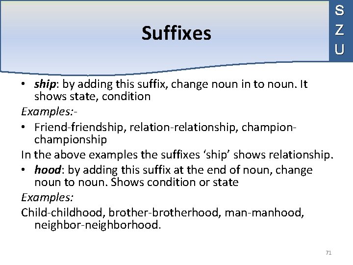 S Z U Suffixes • ship: by adding this suffix, change noun in to