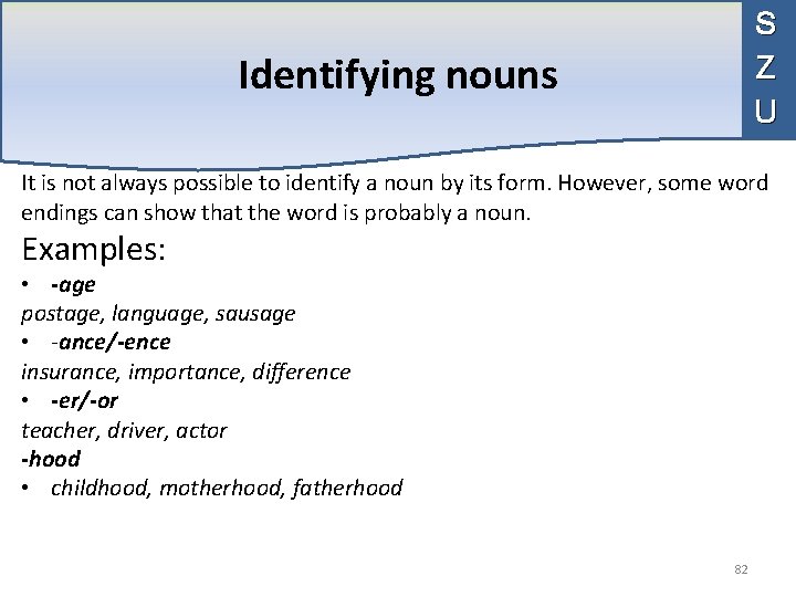 S Z U Identifying nouns It is not always possible to identify a noun