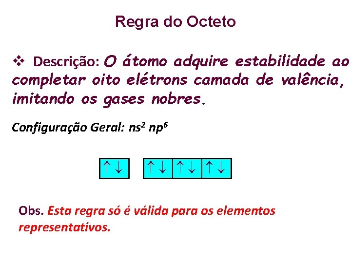 Regra do Octeto Descrição: O átomo adquire estabilidade ao completar oito elétrons camada de