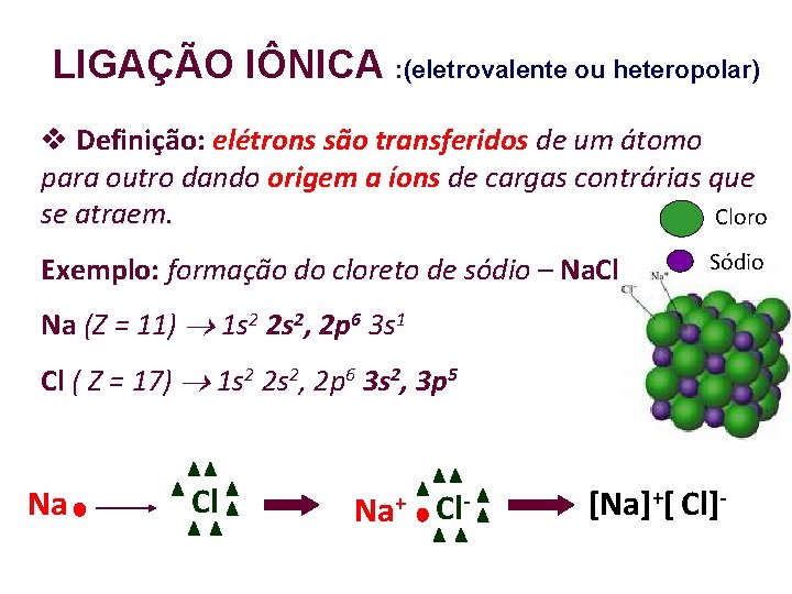 LIGAÇÃO IÔNICA : (eletrovalente ou heteropolar) Definição: elétrons são transferidos de um átomo para