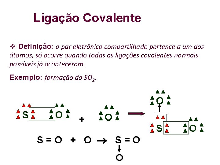 Ligação Covalente Definição: o par eletrônico compartilhado pertence a um dos átomos, só ocorre